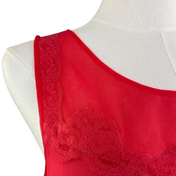 Vintage 70s Red Nylon Chiffon & Lace Trim Maxi Babydoll Nightgown Women’s Size M - Picture 4 of 10